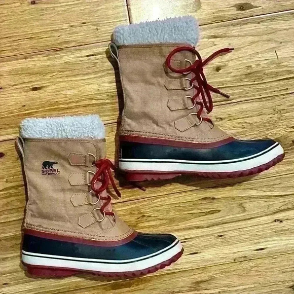 Sorel Women’s Winter Carnival Tan and Navy Waterproof Boots Size 7 - Picture 1 of 11